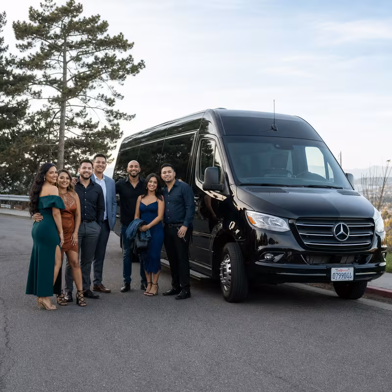 Group beside a Mercedes Sprinter limo from the Oakland fleet