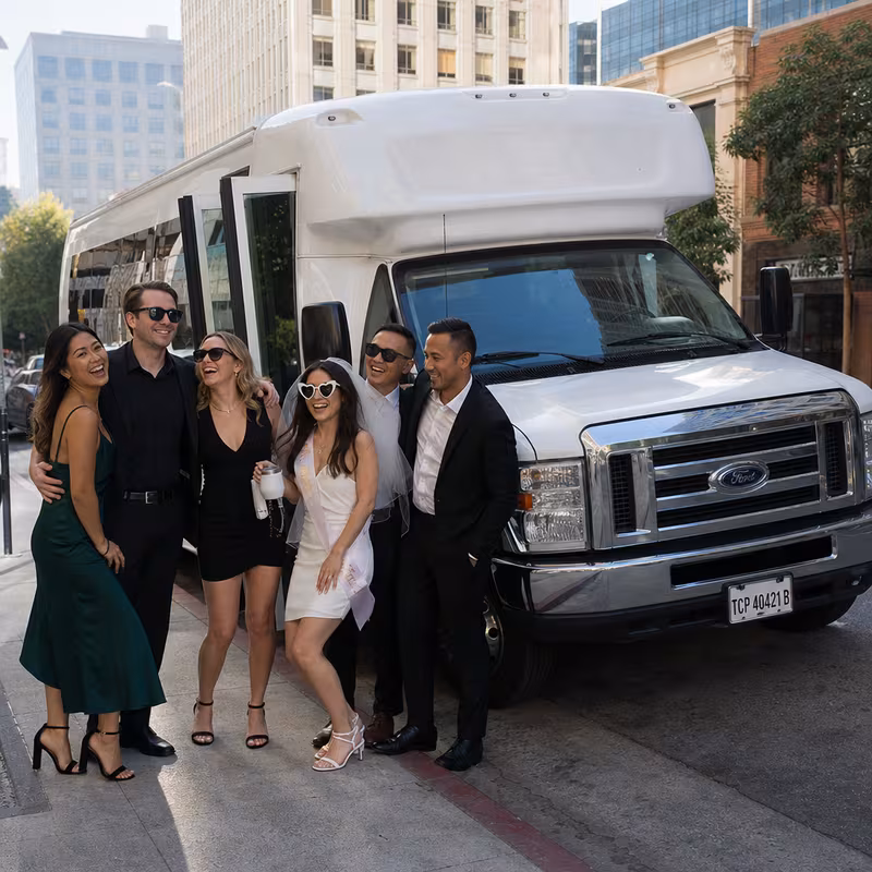 Black Mercedes Sprinter van staged for an Oakland Bachelor & Bachelorette Transportation group