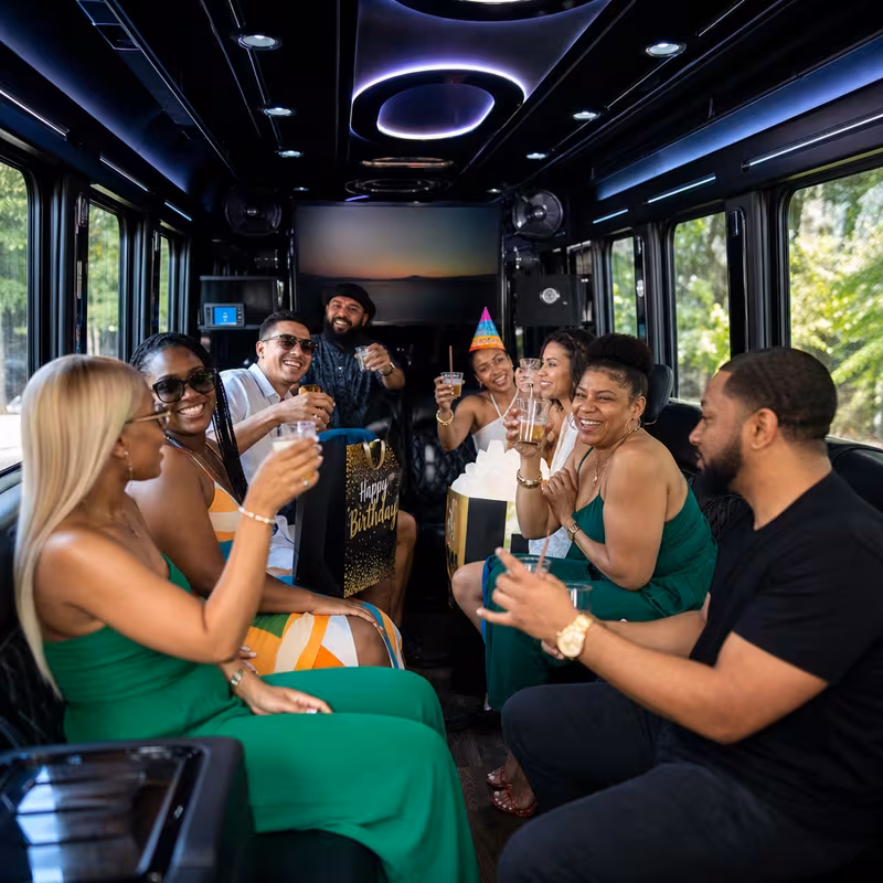 Black Mercedes Sprinter van staged for an Oakland Birthday Transportation group