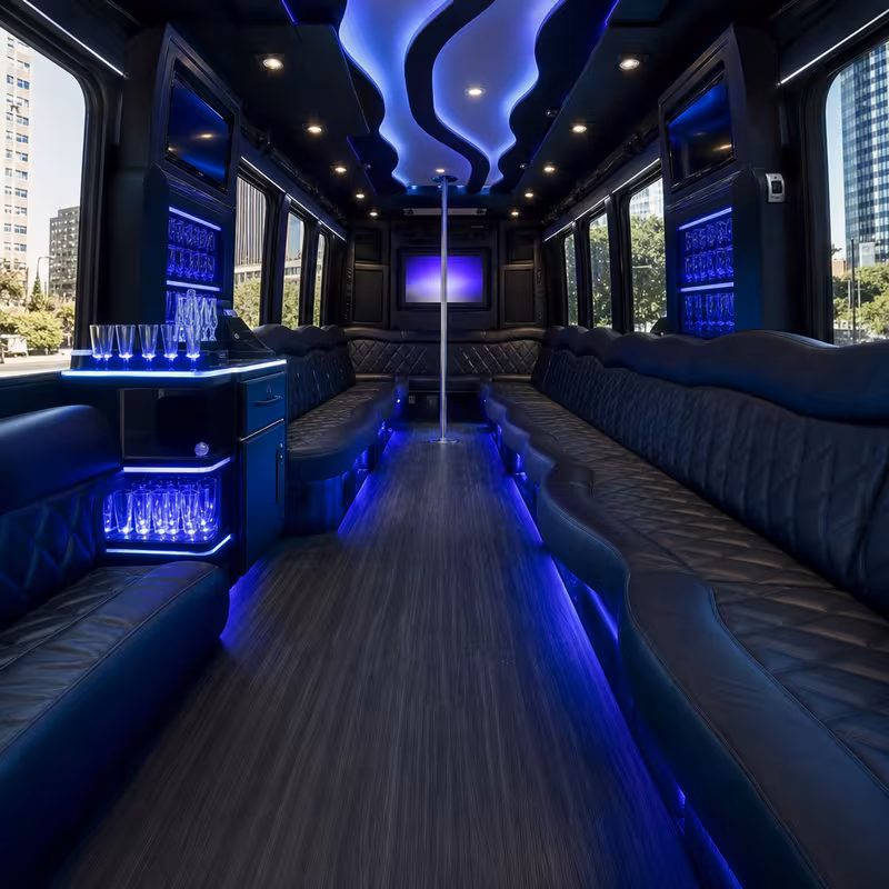 Party bus interior with wraparound leather seating and LED lighting in Oakland