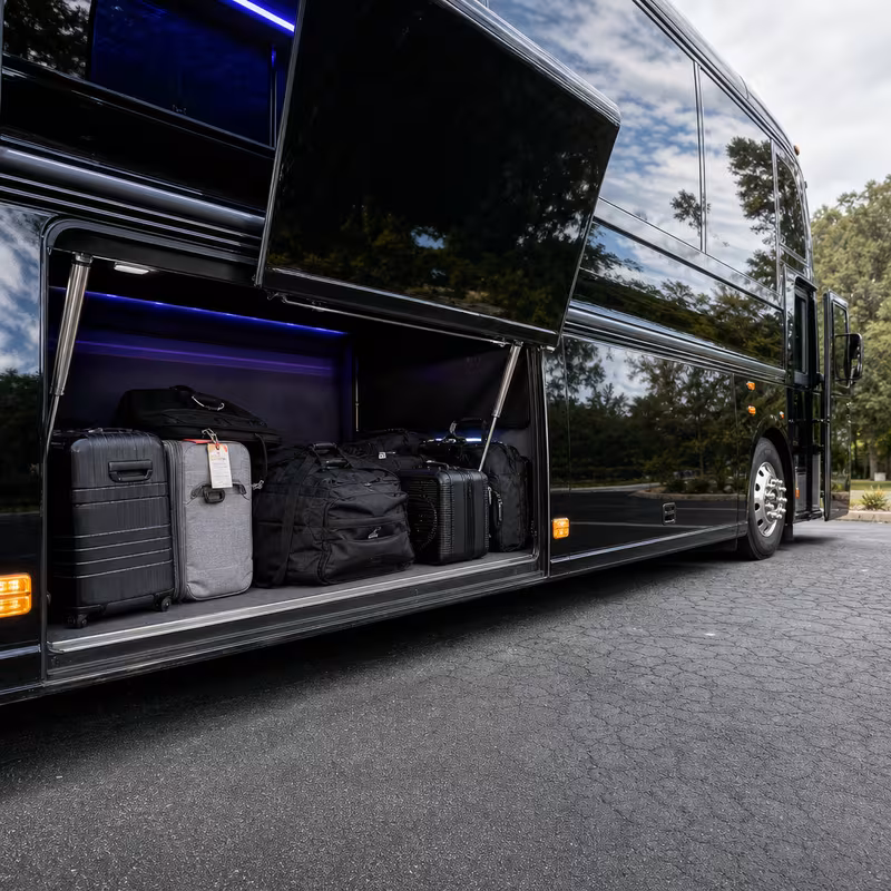 Party bus interior with wraparound leather seating and LED lighting in Oakland