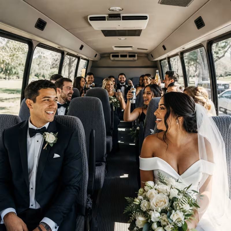 Group boarding a white charter bus for Wedding Transportation transportation in Oakland