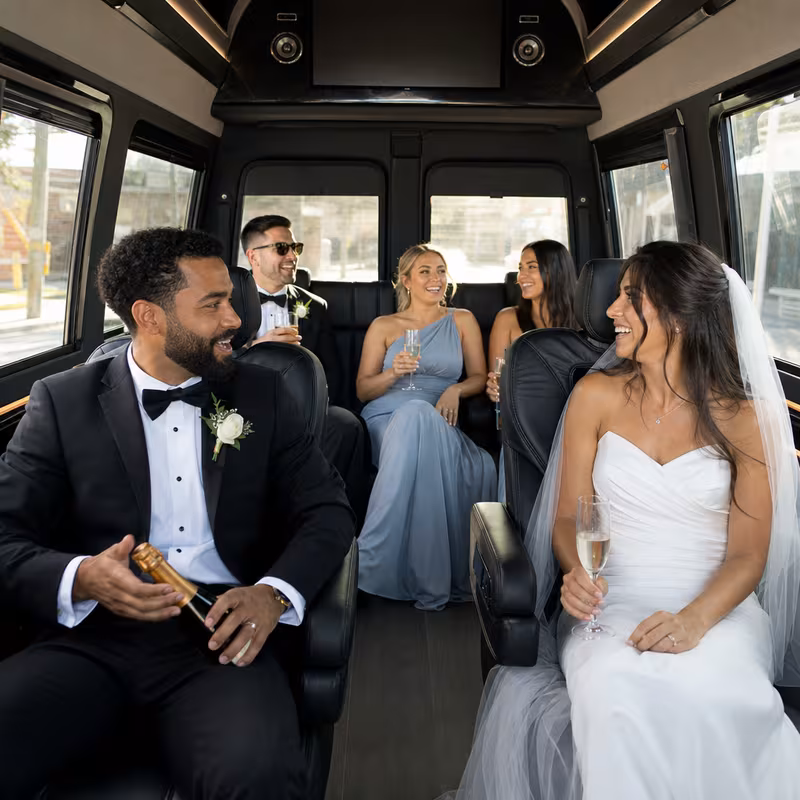 Black Mercedes Sprinter van staged for an Oakland Wedding Transportation group